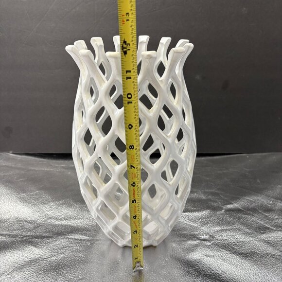 Lattice Design Vase White Ceramic Oen Weave 12” Tall Boho Hippie Cottagecore‎ - Picture 2 of 10